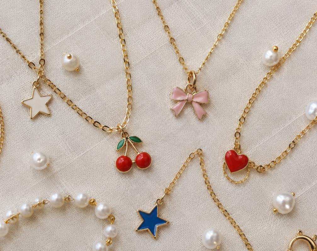Close-up of gold chains, colourful enamel charms and freshwater pearls